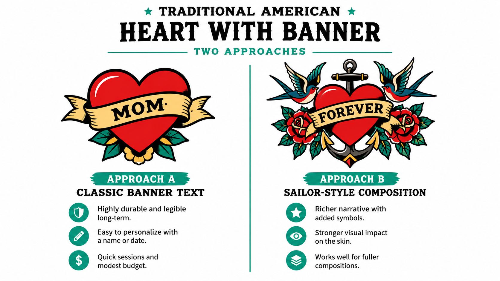 A diagram comparing two traditional American heart tattoo designs, featuring a simple heart versus a sailor-style composition.