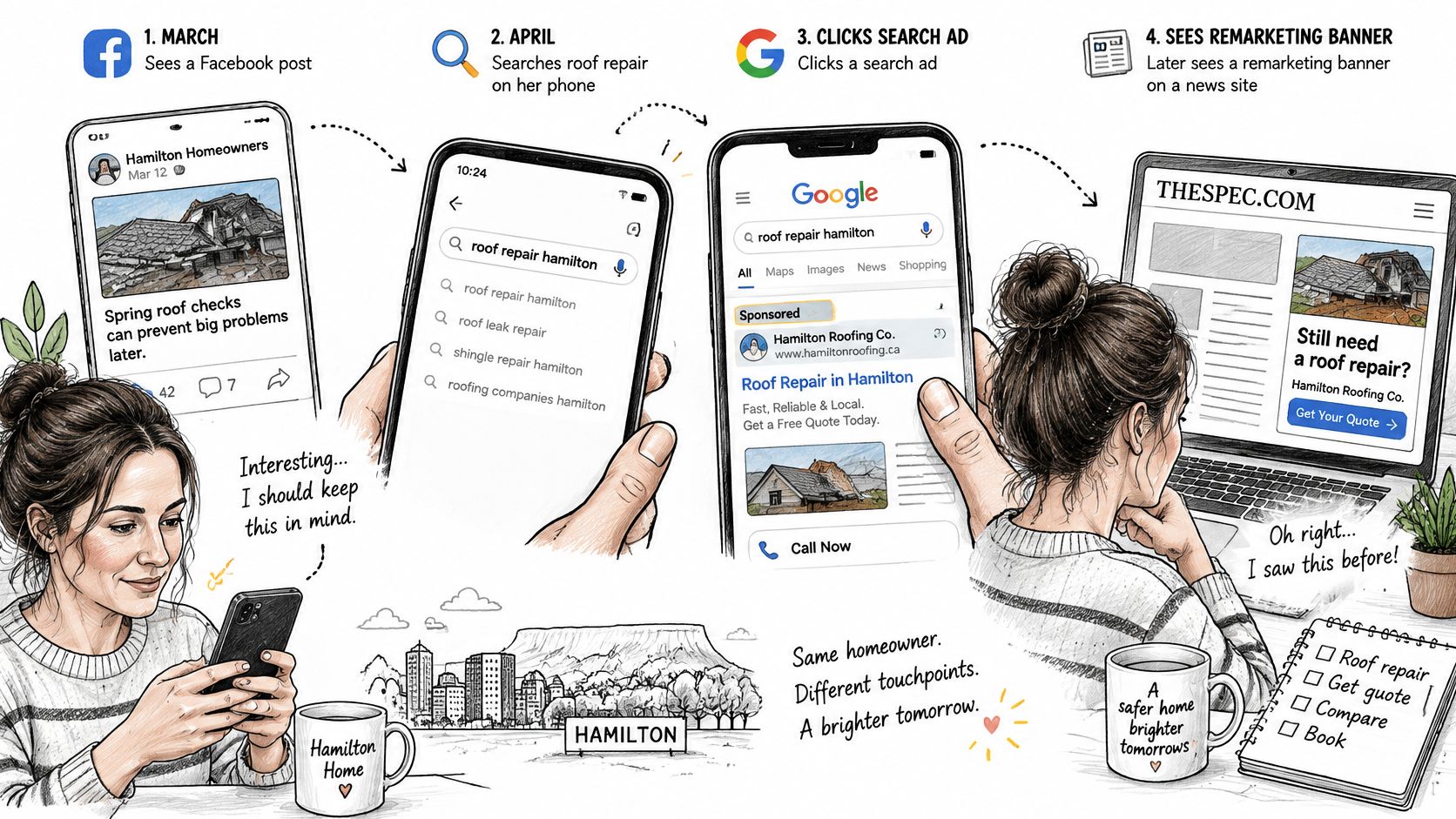 An illustration showing a customer journey across multiple digital touchpoints for roof repair services in Hamilton.