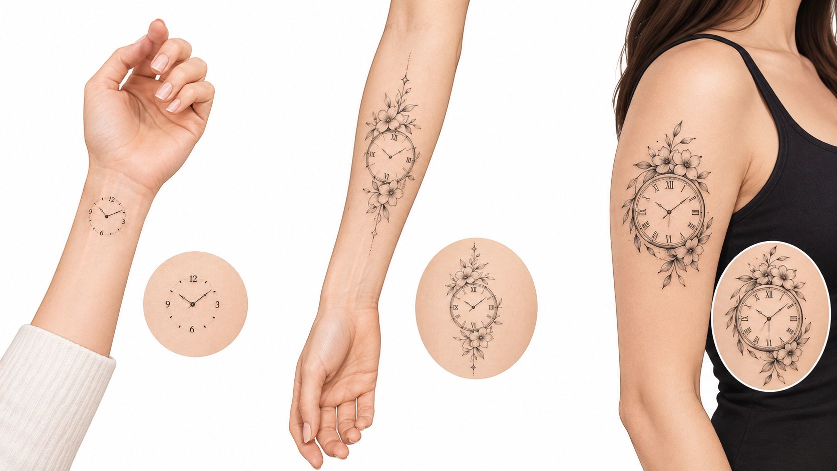 Three examples of delicate birth clock tattoo designs displayed on a female arm, wrist, and shoulder.