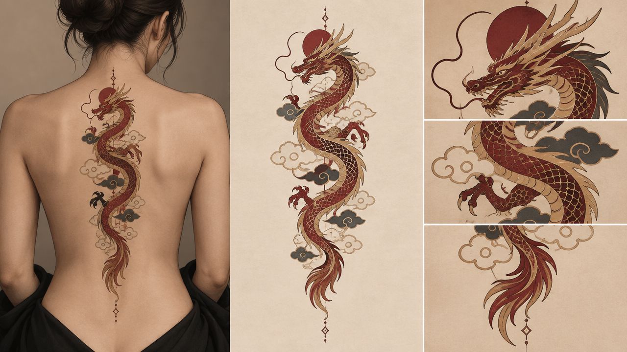A woman with a detailed red dragon tattoo on her back along with design close-ups.