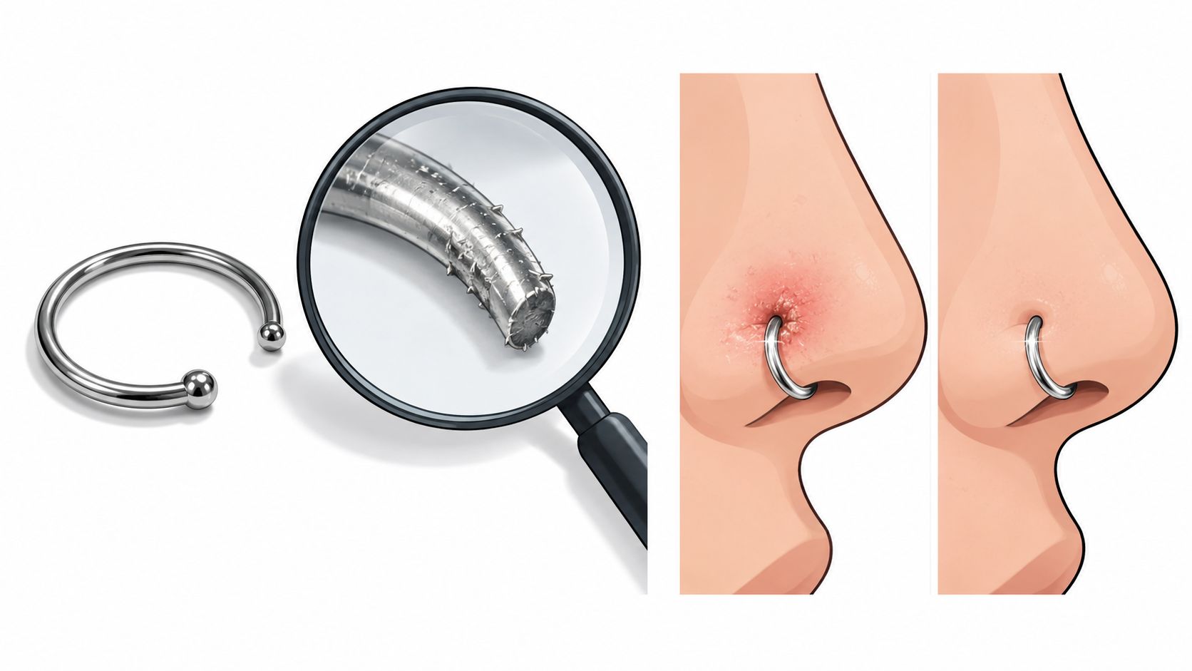 A nose ring shown under a magnifying glass, depicting irritation versus a healthy healed piercing.
