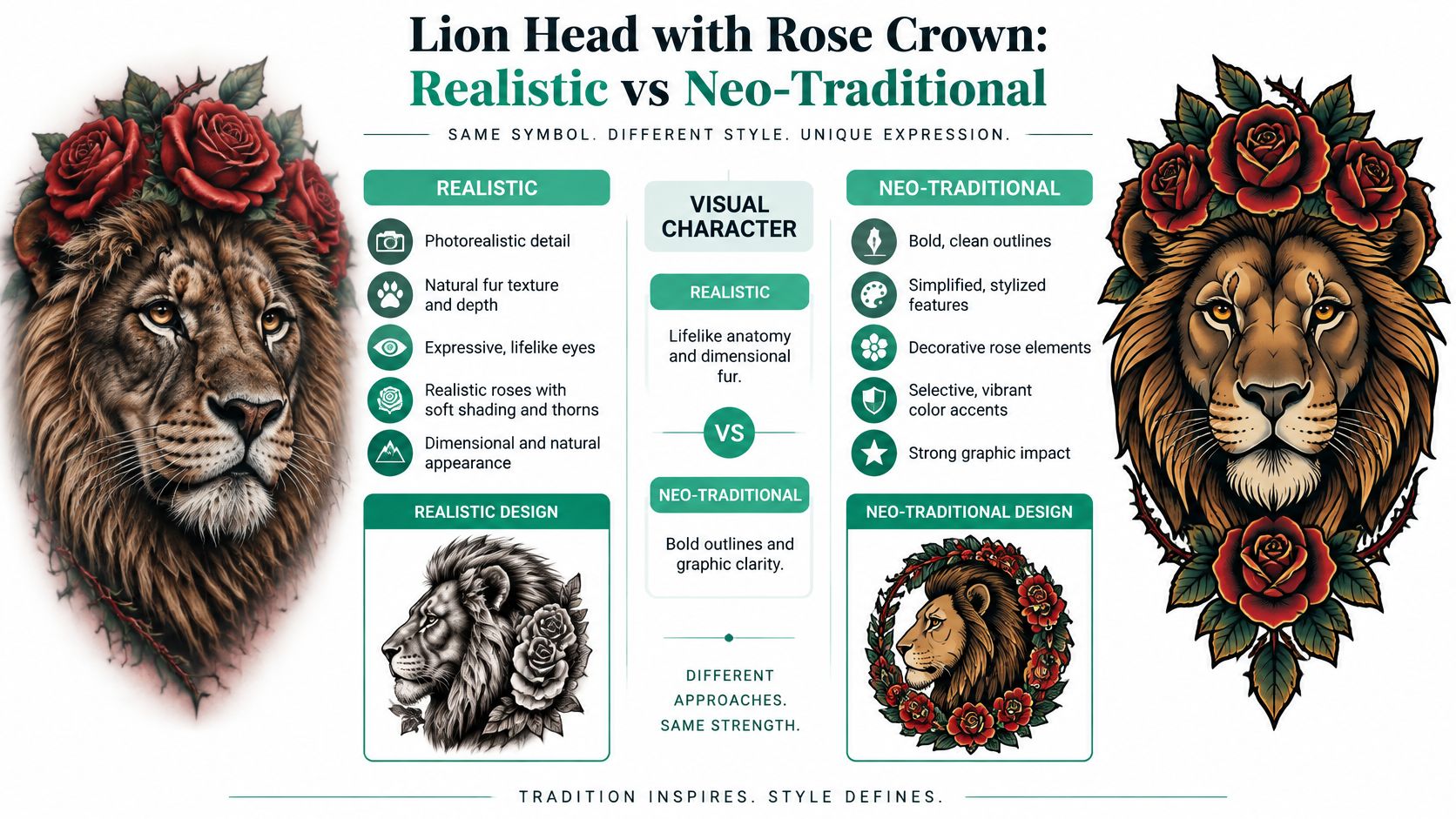 A comparison graphic showing a realistic lion tattoo versus a neo-traditional lion tattoo with rose crowns.