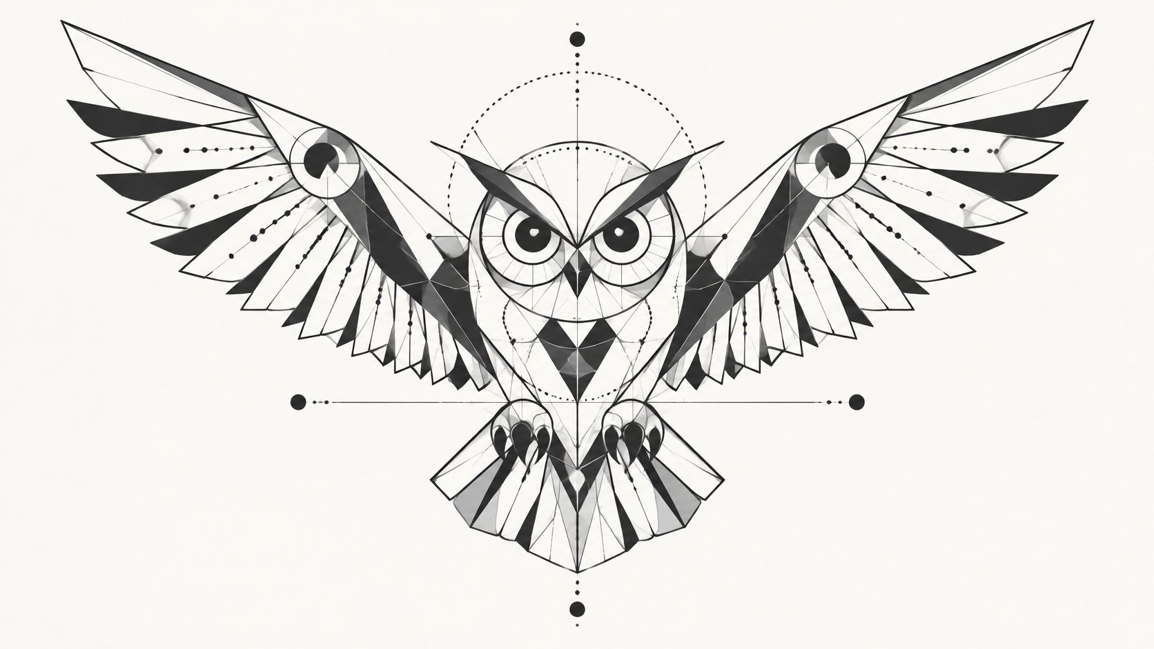 A geometric flying owl tattoo design featuring clean lines, sharp angles, and minimalist symmetrical patterns on white.