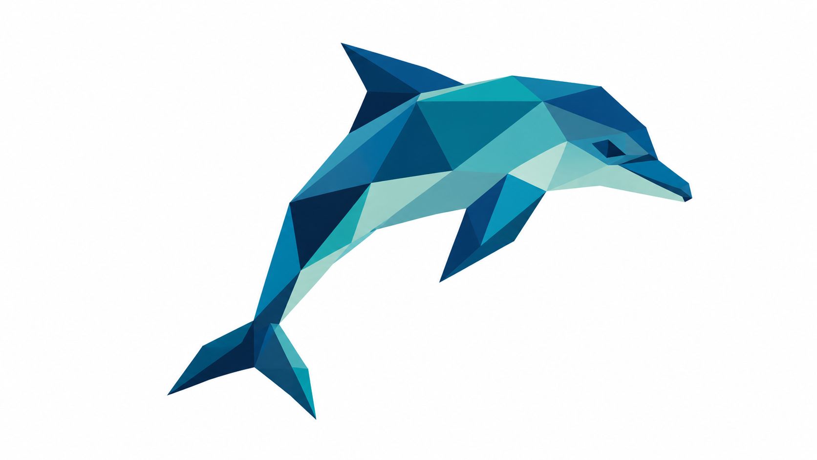 A geometric, low-poly artistic illustration of a leaping blue dolphin isolated on a white background.