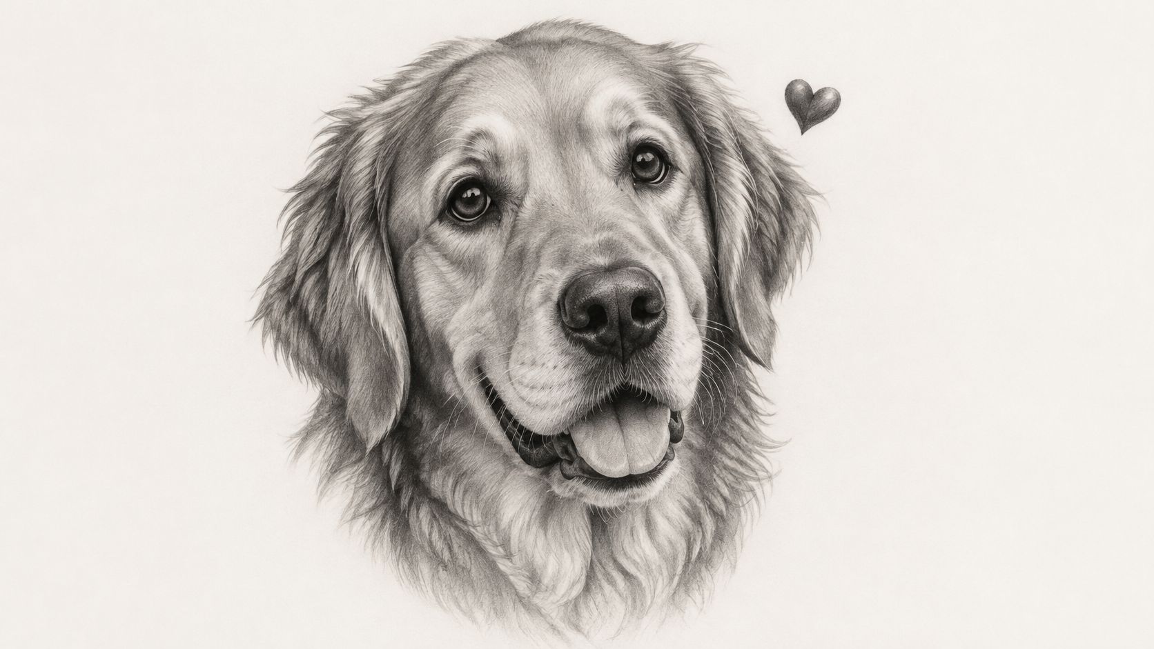A detailed charcoal pencil sketch of a friendly golden retriever dog with a small heart symbol.