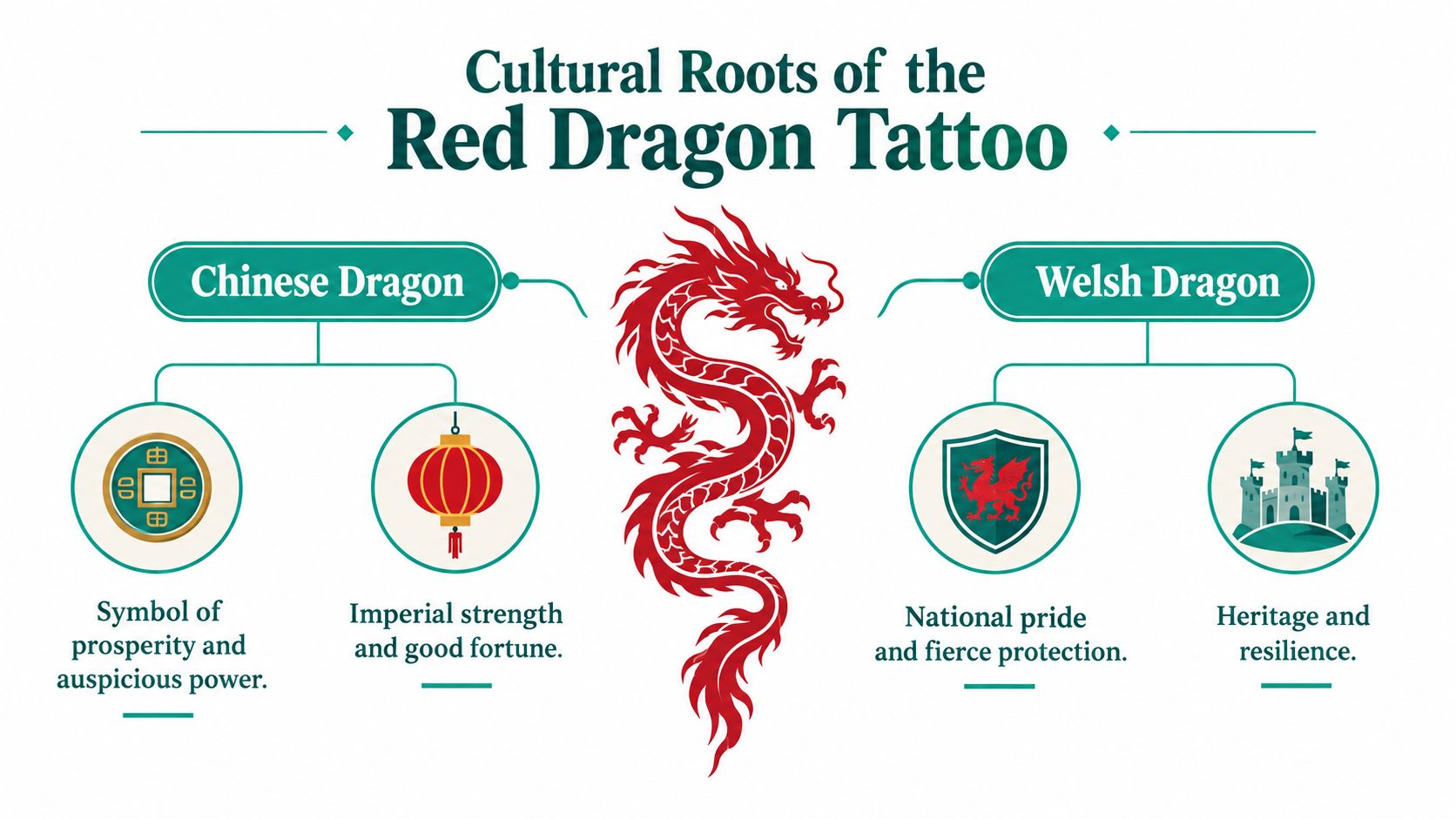 A diagram explaining the cultural origins of the red dragon tattoo including Chinese and Welsh symbolism.
