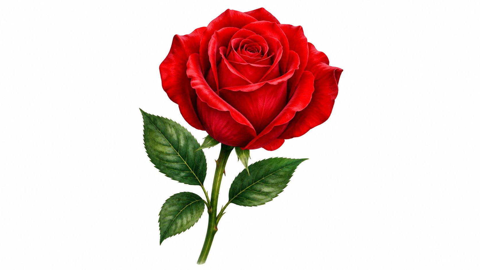 A detailed digital illustration of a single blooming red rose with green leaves on a white background.