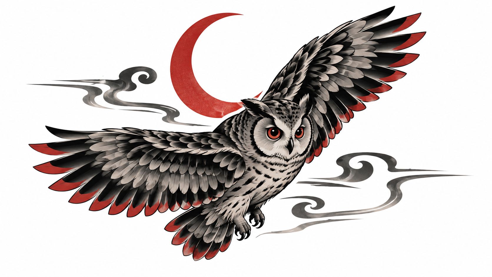 A detailed illustration of a majestic owl flying past a vibrant red crescent moon with stylized clouds.