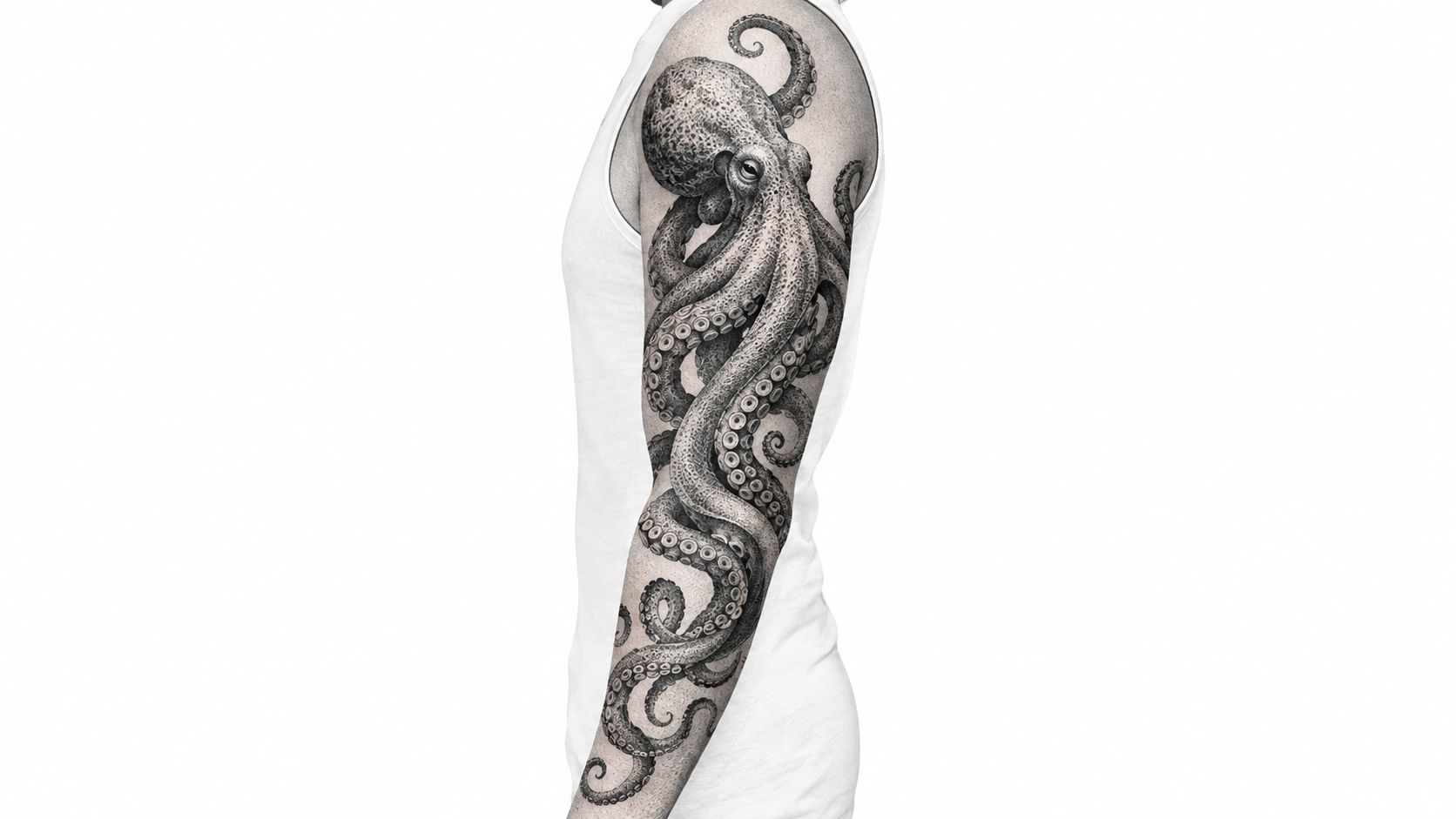 A detailed black and grey realistic octopus tattoo design covering the upper arm of a man.