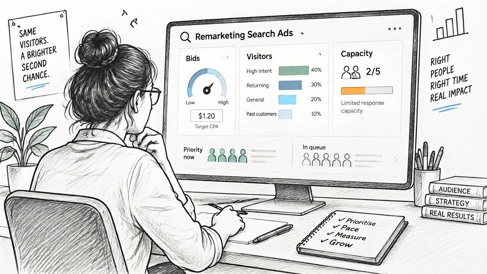 A woman sketching at her desk, viewing a digital dashboard for remarketing search ads on a monitor.
