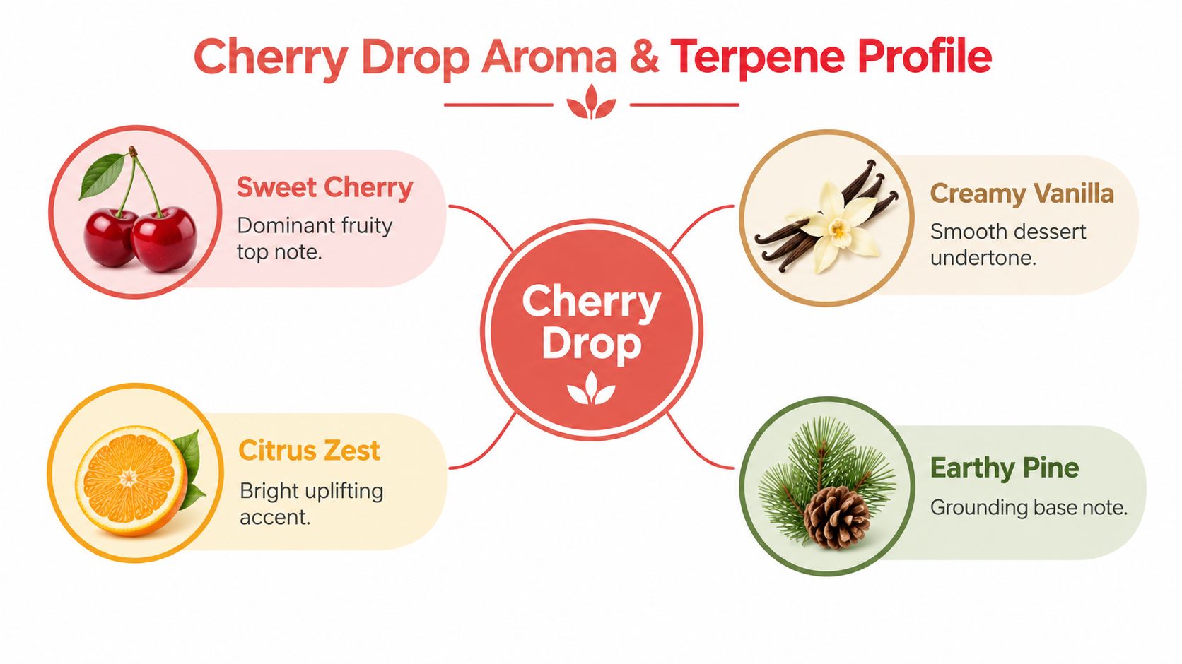 A diagram illustrating the aroma and terpene profile of the Cherry Drop strain with fruity, citrus, vanilla, and pine notes.