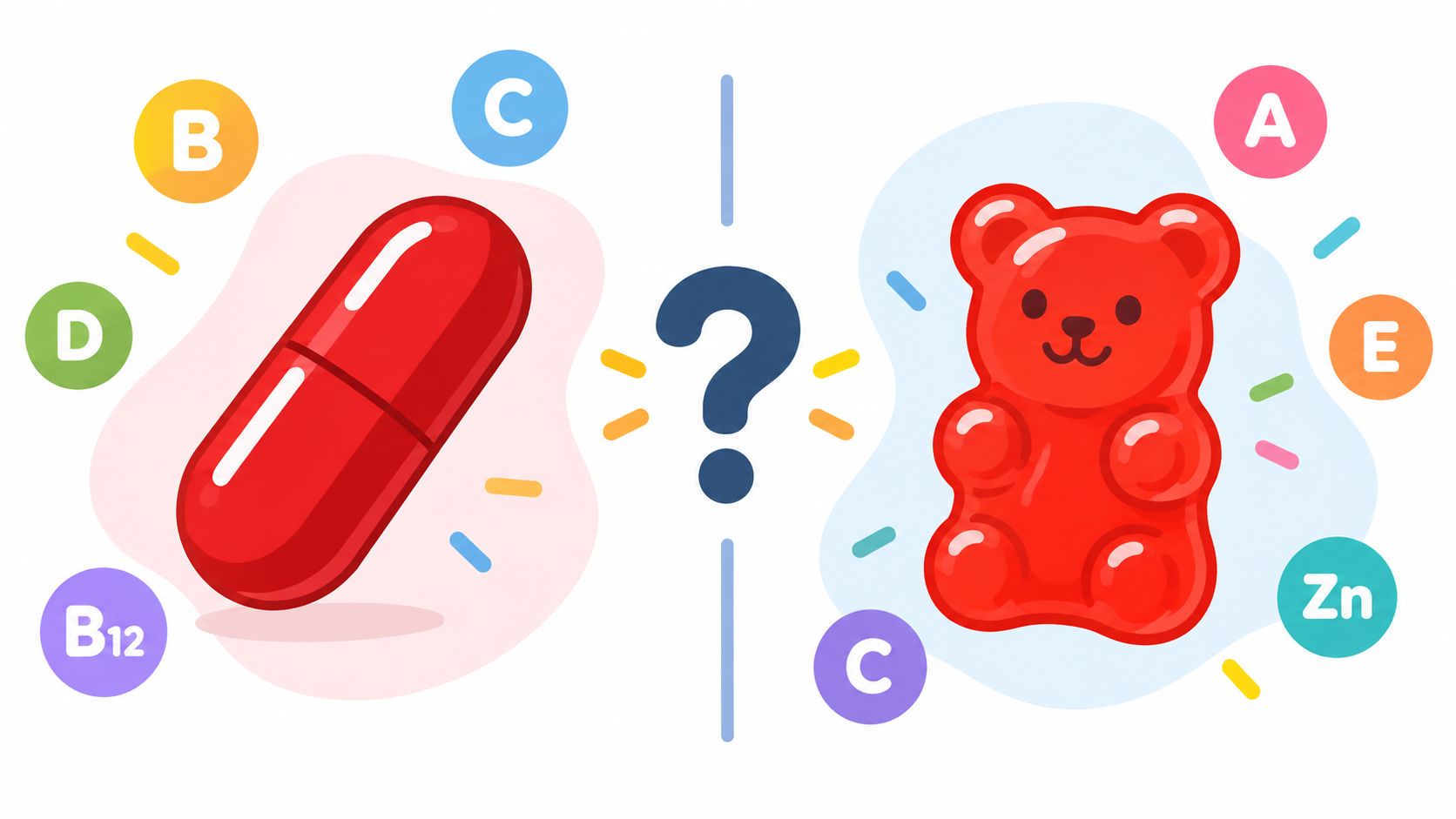A conceptual illustration comparing a red vitamin capsule with a red gummy bear supplement.