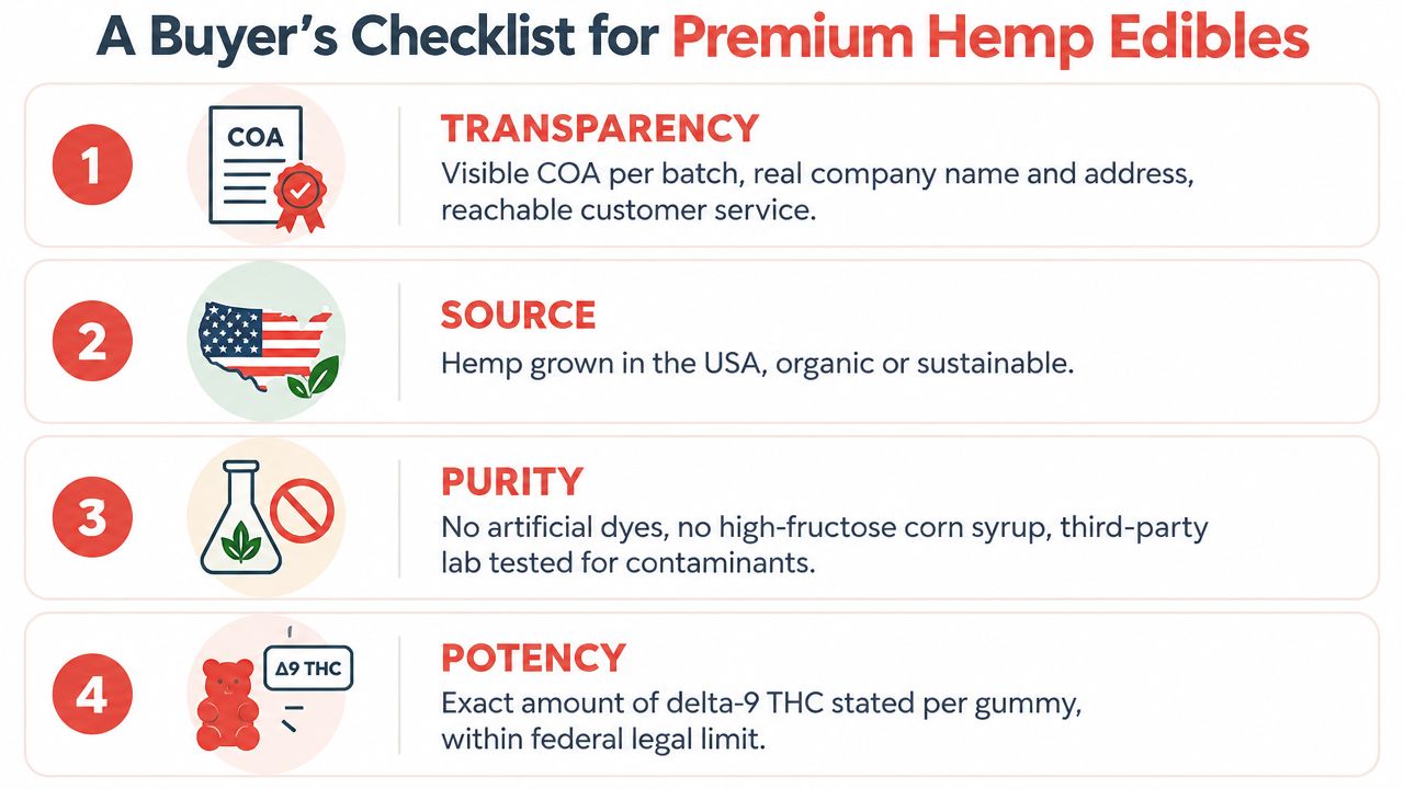 An infographic checklist for consumers to identify premium quality hemp edibles and delta nine gummies.