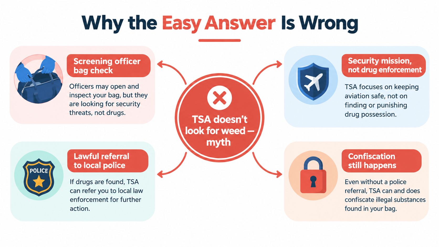An infographic explaining why the myth that TSA does not look for marijuana when screening luggage is wrong.