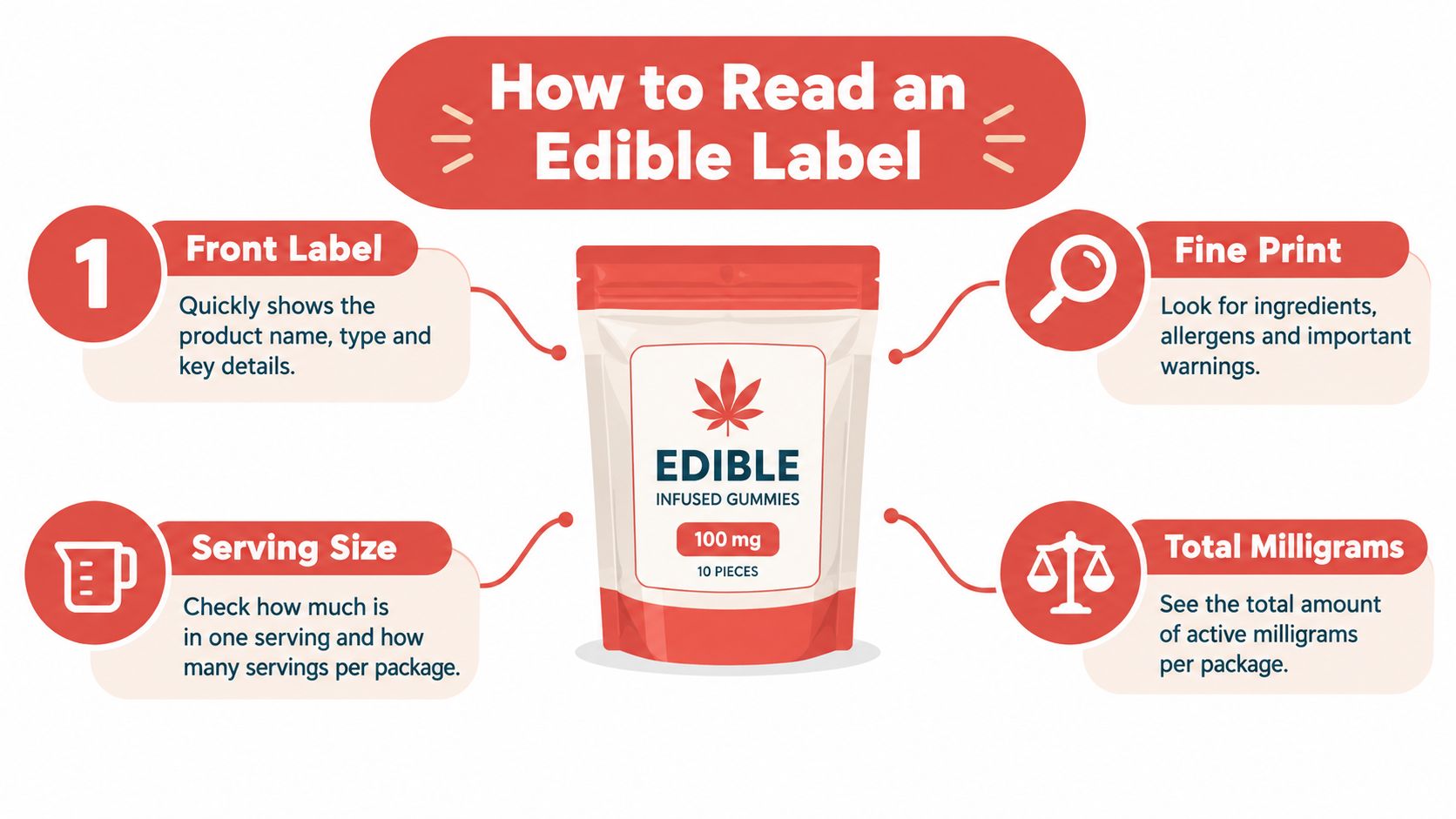 An infographic titled How to Read an Edible Label explaining key components on cannabis product packaging.