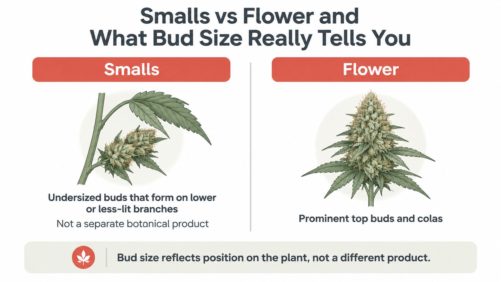 A diagram comparing cannabis smalls and flower, explaining that bud size indicates its position on the plant.