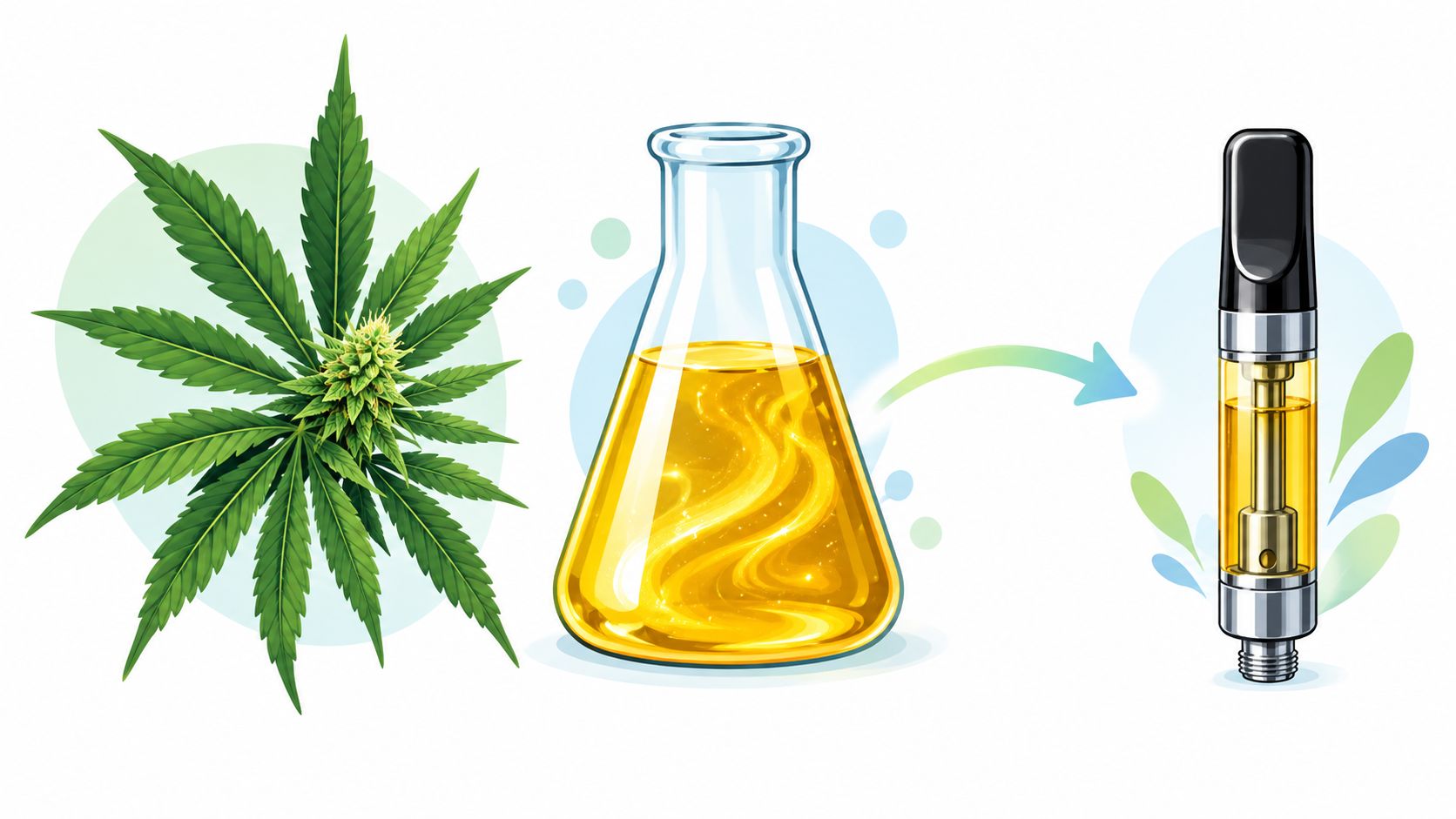 An illustration showing cannabis flower extraction into oil for use in a vape cartridge device.