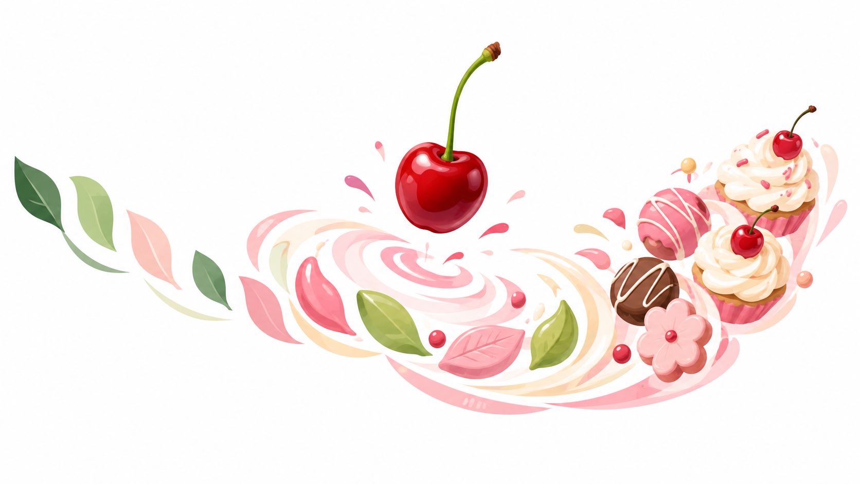A vibrant illustration of a cherry, swirling cream, leaves, and various sweet cupcakes on white background.