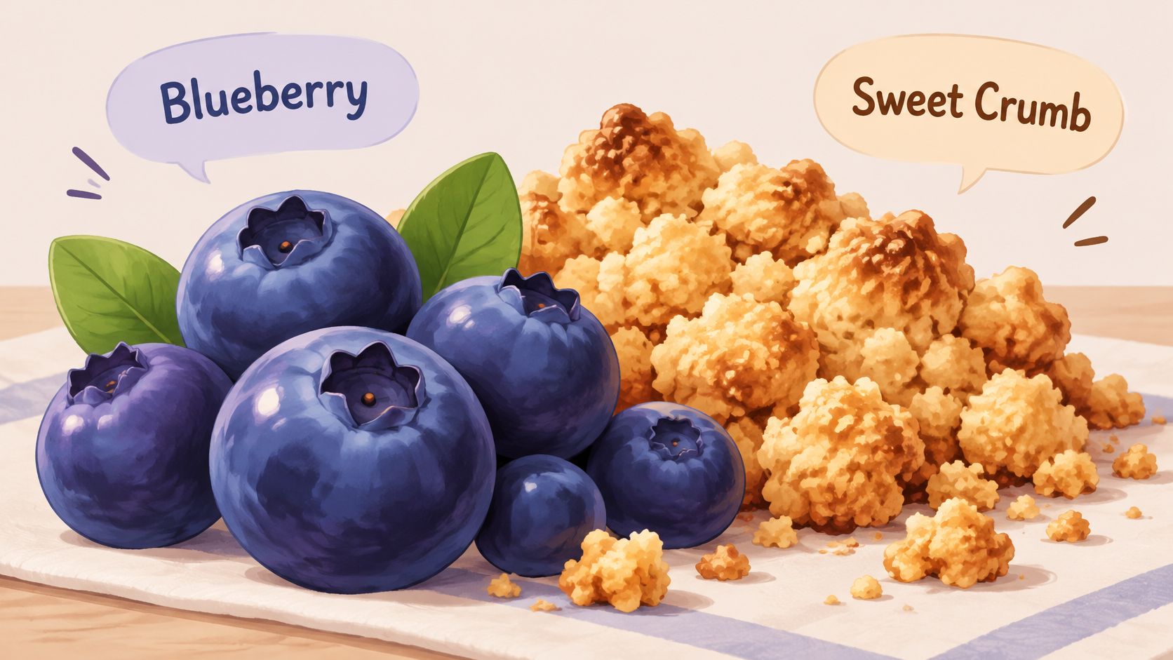 A pile of fresh blueberries and golden brown sweet crumble topping sitting on a kitchen table.