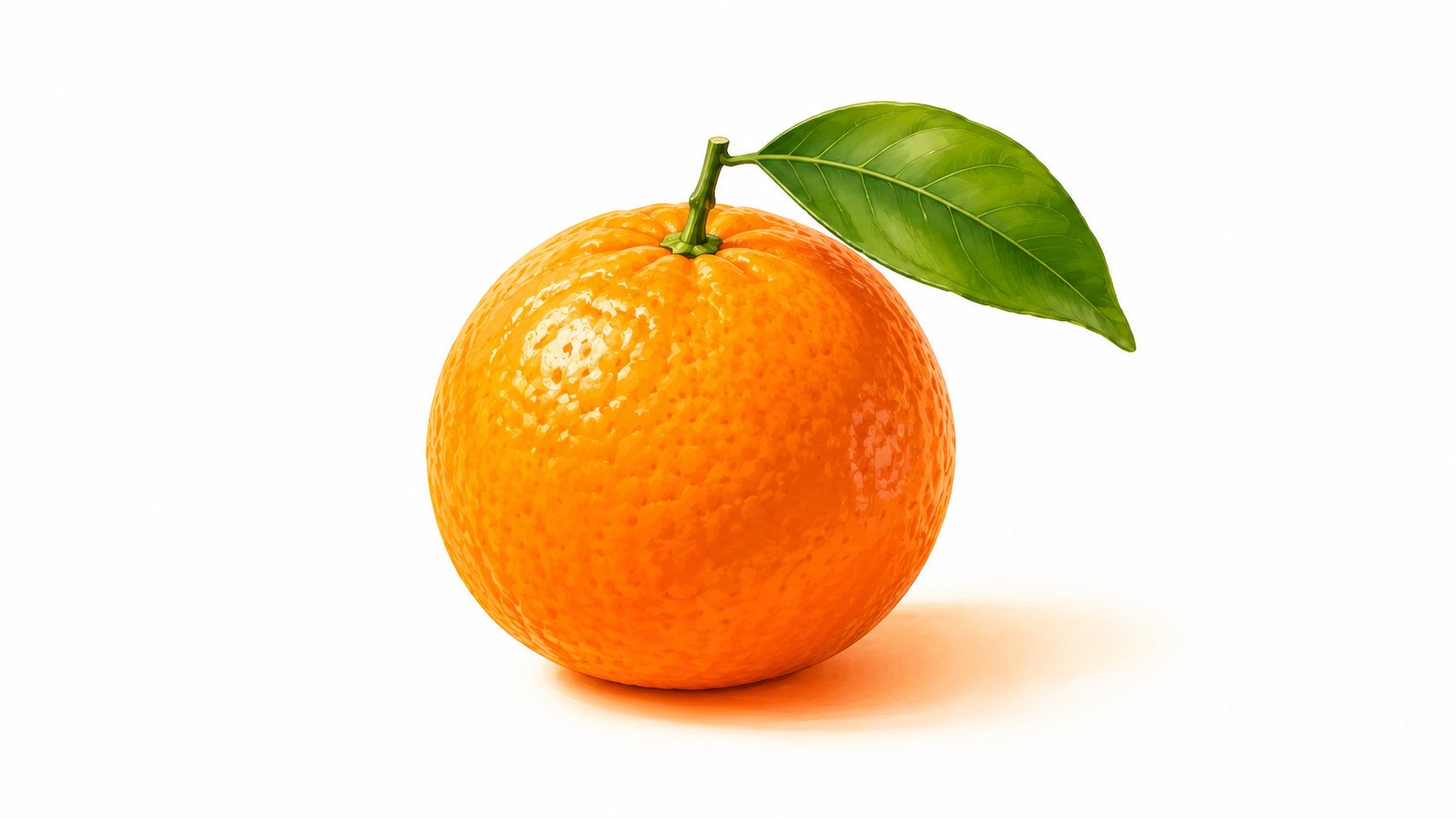 A vibrant, ripe orange mandarin fruit with a single green leaf attached against a plain white background.