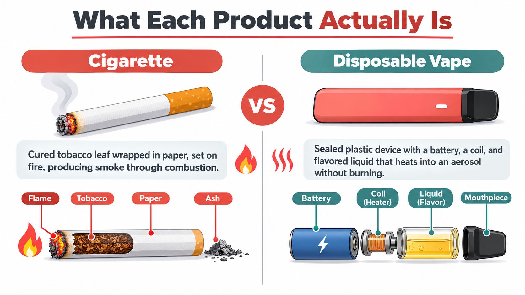 An infographic comparing the components and combustion processes of a traditional cigarette and a disposable vape device.