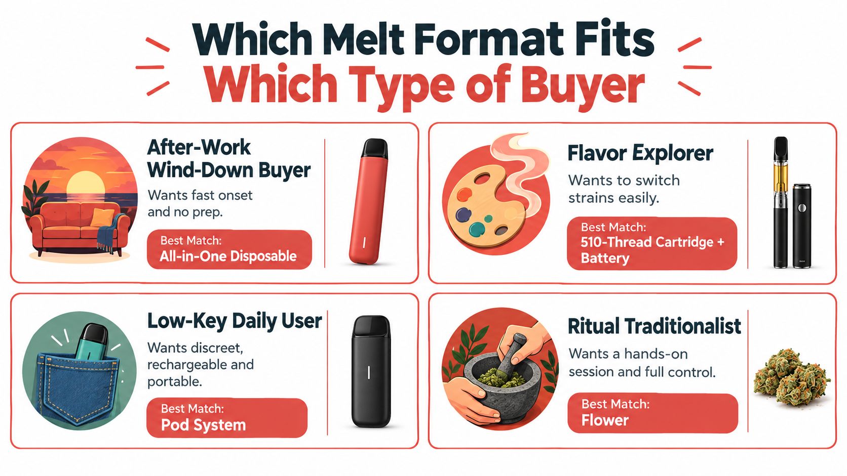 An infographic showing different cannabis product types matched to specific user needs like convenience and ritual.
