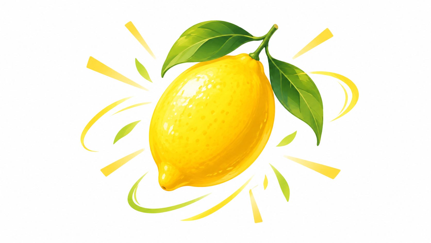 A vibrant yellow lemon with fresh green leaves isolated on a plain white background with artistic accents.