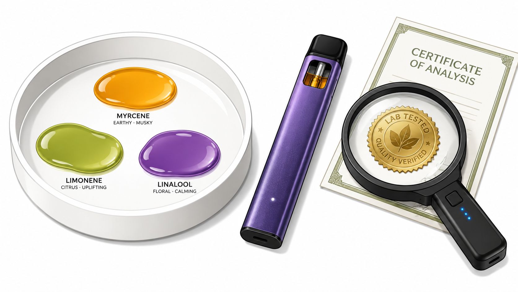 A purple disposable vape pen next to terpene samples and a laboratory certificate of analysis document.