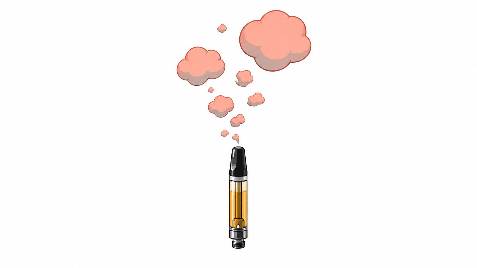 A digital illustration of a vape cartridge releasing pink-colored vapor clouds against a white background.