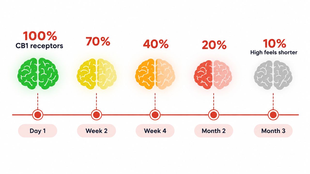 A timeline chart showing the decline of CB1 receptor levels in the brain over three months.