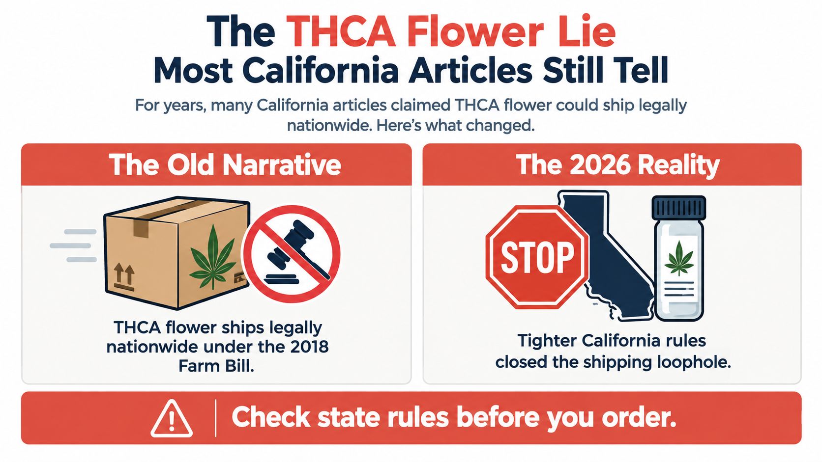 An infographic titled The THCA Flower Lie comparing old shipping narratives to new California regulations in 2026.