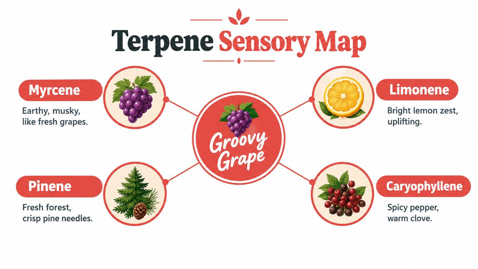 A Terpene Sensory Map chart detailing Myrcene, Limonene, Pinene, and Caryophyllene aromas for the Groovy Grape strain.