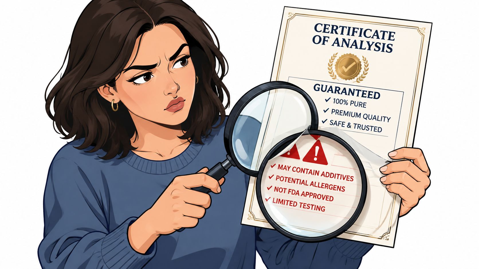 A suspicious woman holds a certificate of analysis using a magnifying glass to reveal hidden warning labels.
