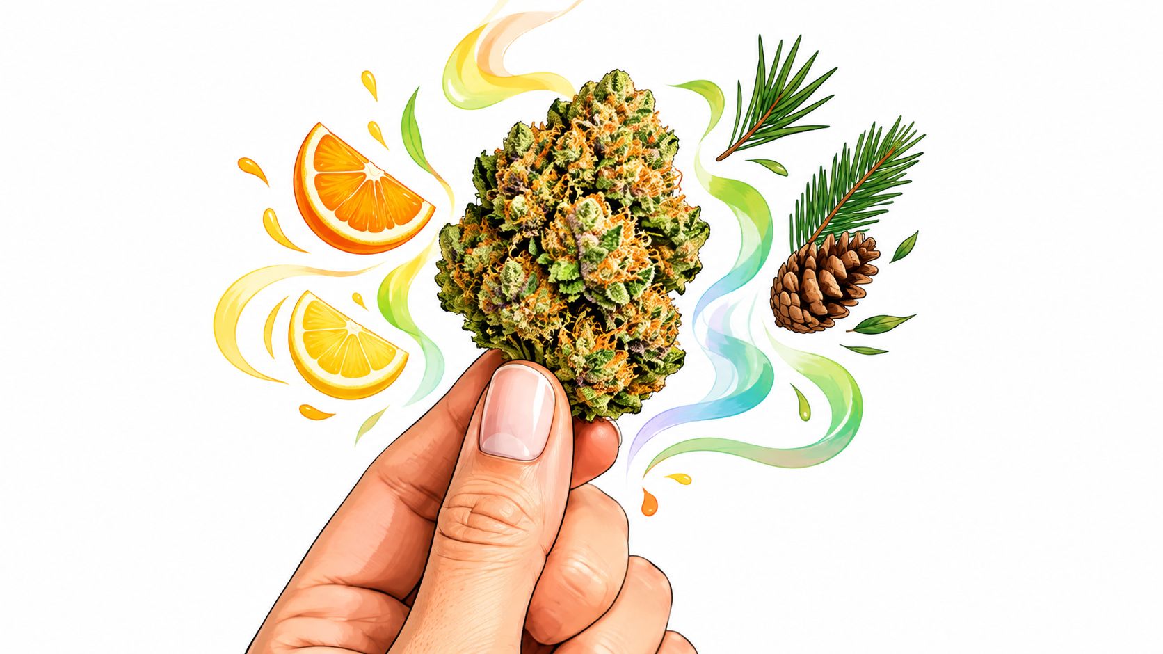 A hand holding a cannabis flower bud with illustrations of oranges, lemons, pine needles, and pinecones nearby.