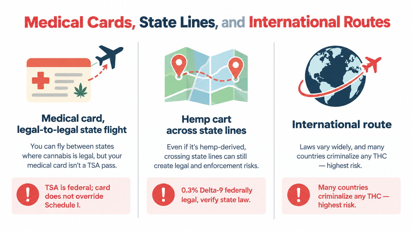 An infographic detailing the risks of traveling with cannabis products across state lines and international borders.