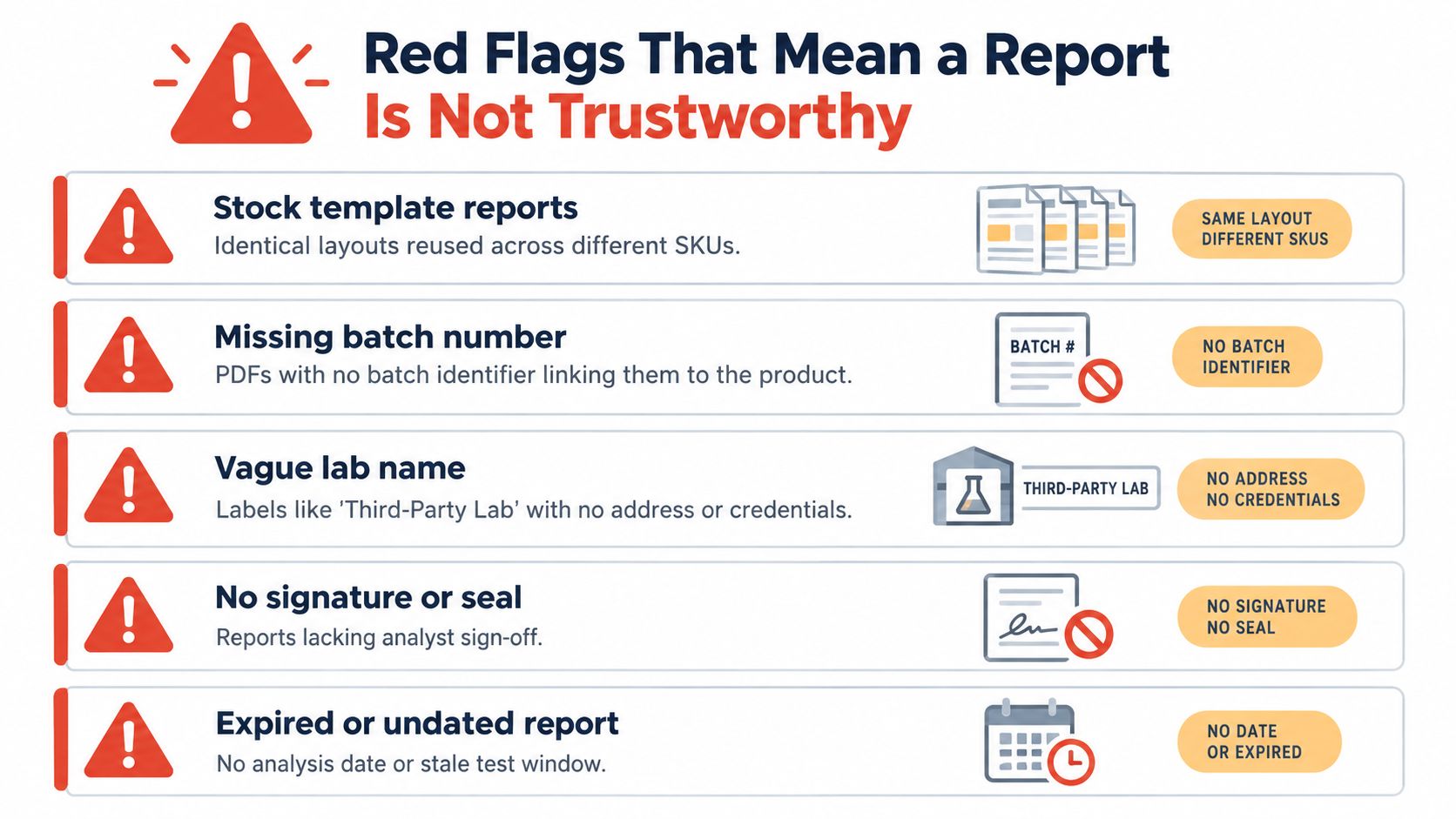 An infographic detailing five common red flags that indicate a laboratory test report is not trustworthy.