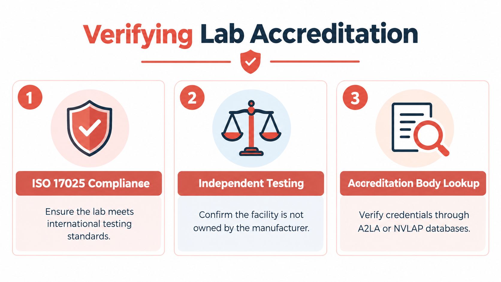 An infographic titled Verifying Lab Accreditation listing three essential steps to confirm laboratory quality and standards.