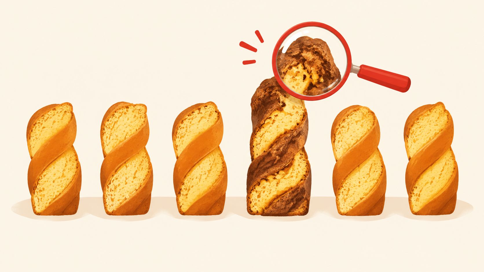 A magnifying glass inspecting a dark brown twist pastry among several lighter golden brown twist pastries.