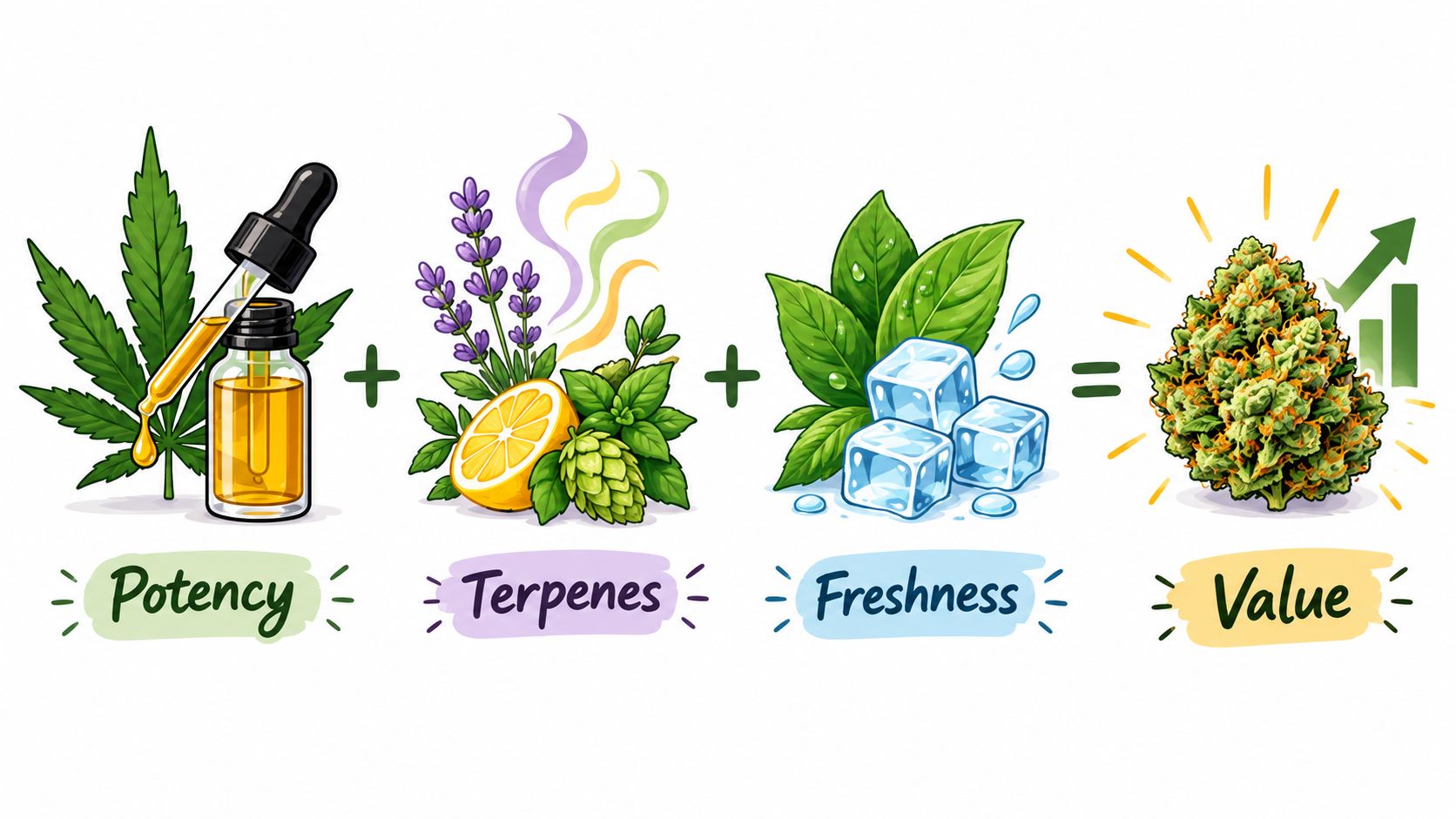 A diagram illustrating the factors of cannabis quality, showing potency, terpenes, and freshness equal to value.