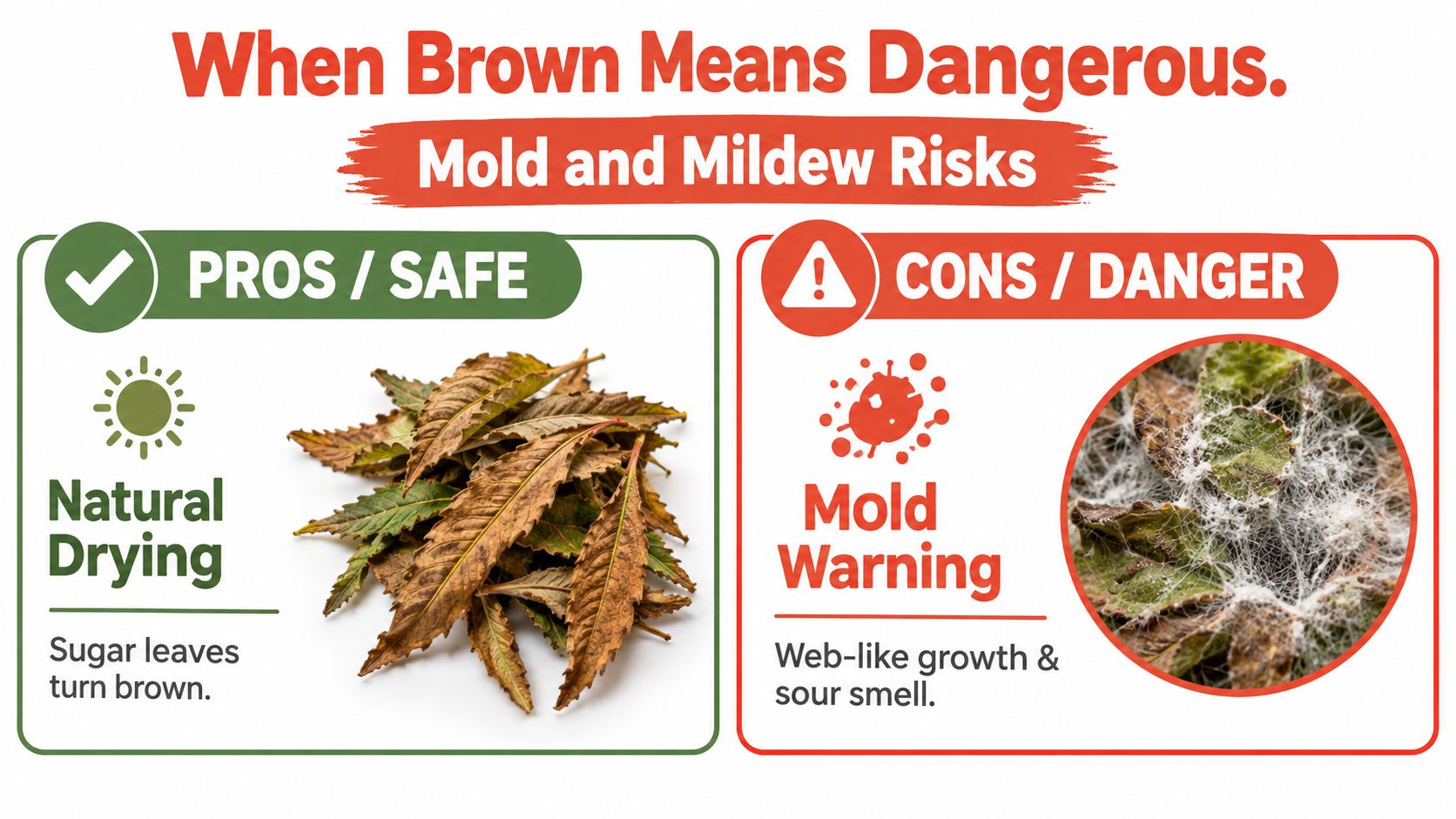 A comparison guide showing safe brown naturally dried sugar leaves versus dangerous moldy leaves with webs.
