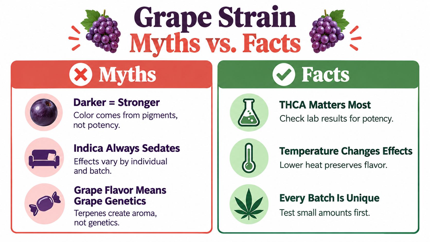 An infographic titled Grape Strain Myths vs. Facts, listing common misconceptions and accurate details about cannabis potency and effects.