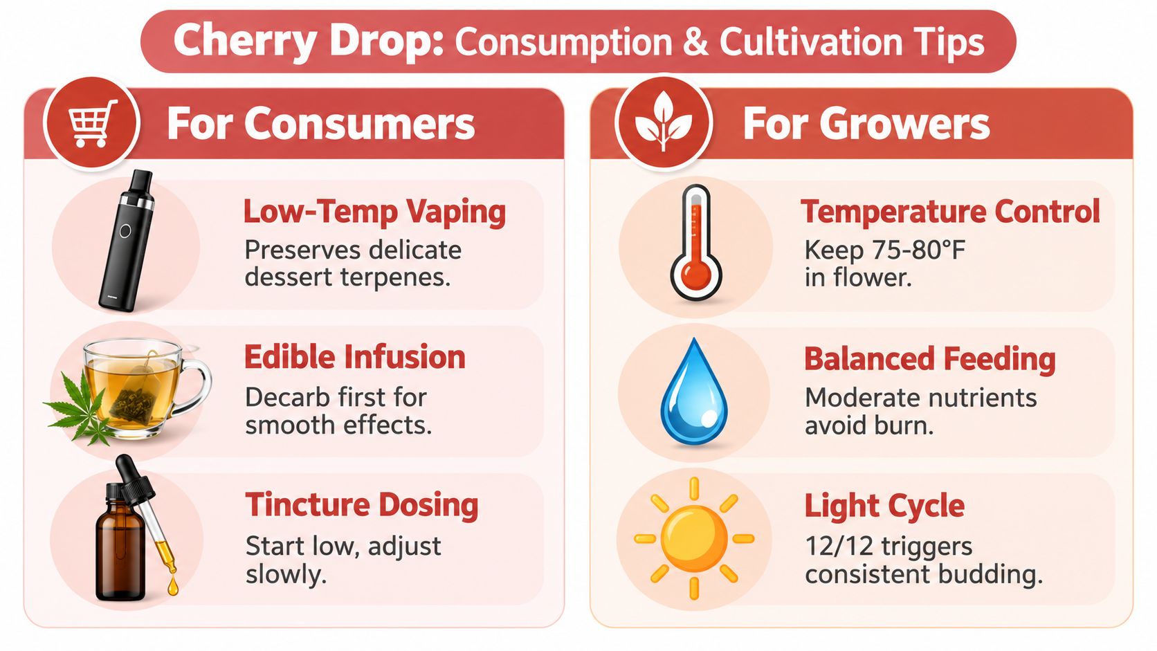 An infographic detailing consumption methods and cultivation tips for the Cherry Drop cannabis strain.