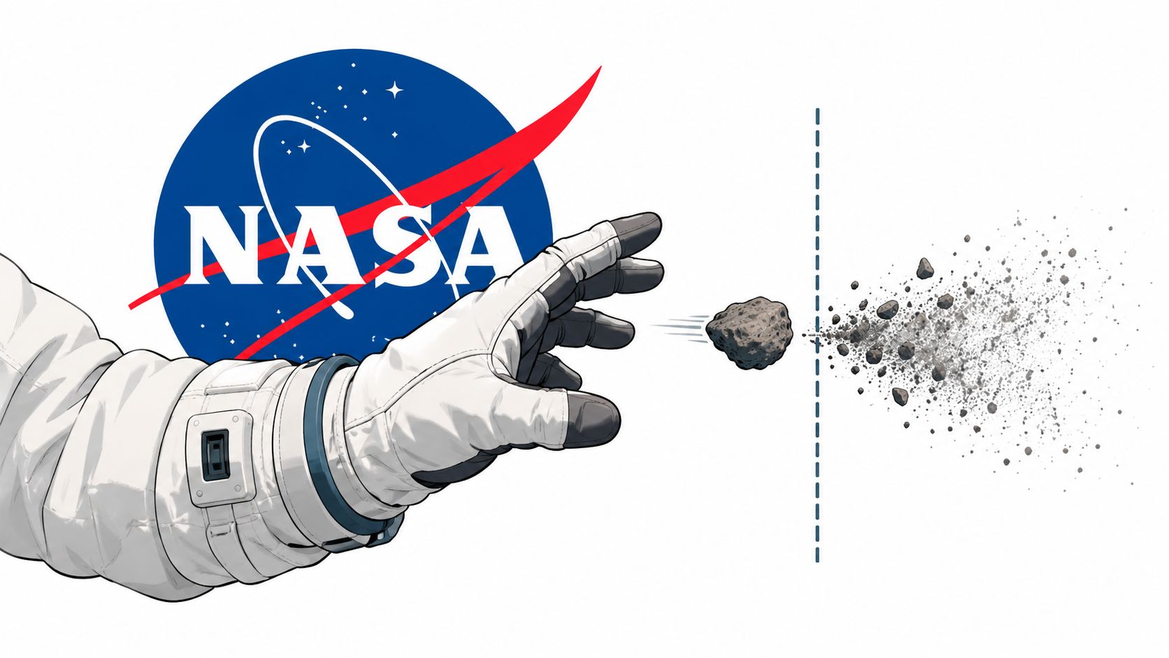 A NASA space suit glove pointing toward an asteroid as it disintegrates into small dust fragments.