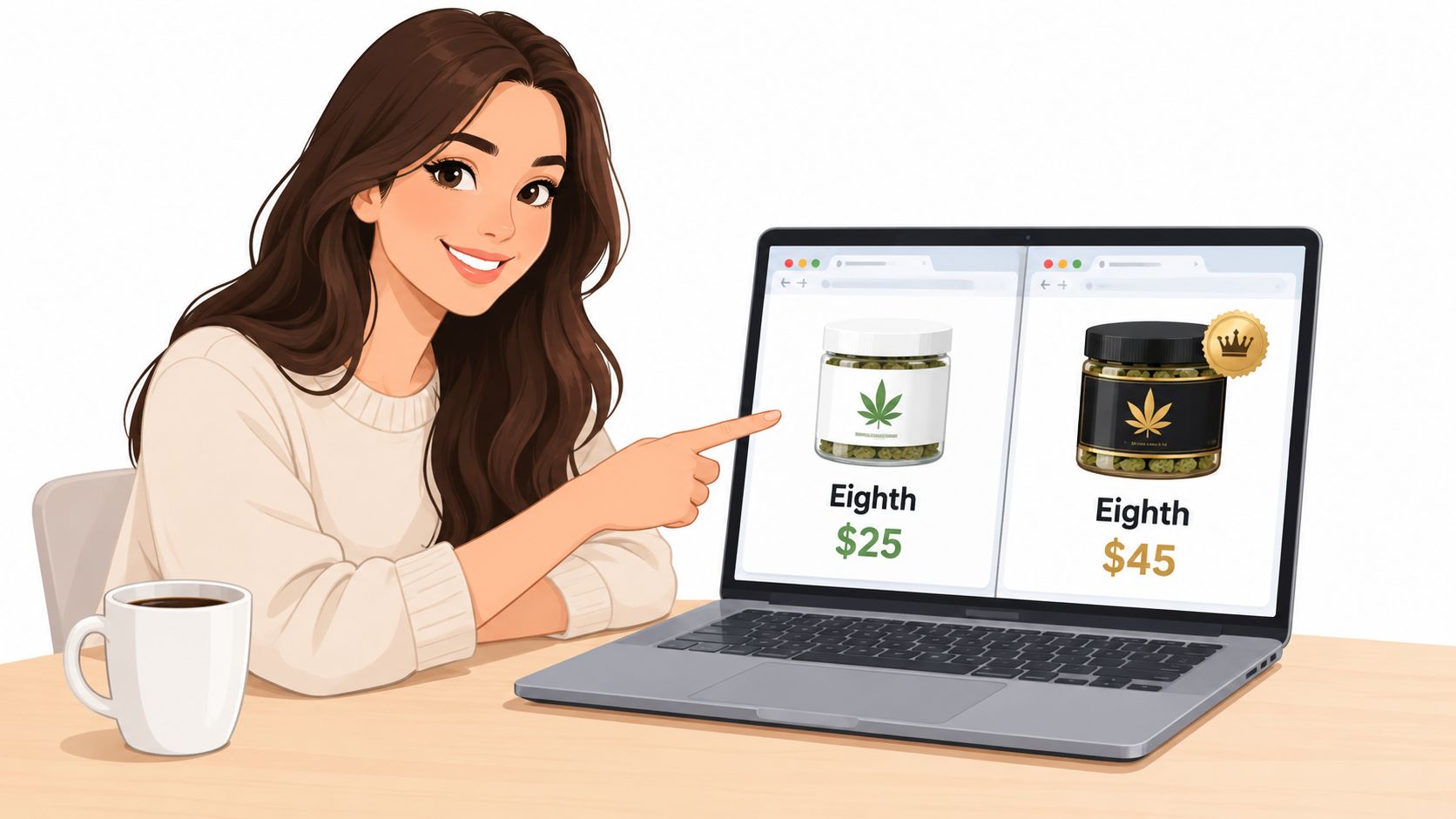 A woman smiling and pointing at a laptop screen showing two different jars of cannabis flower.
