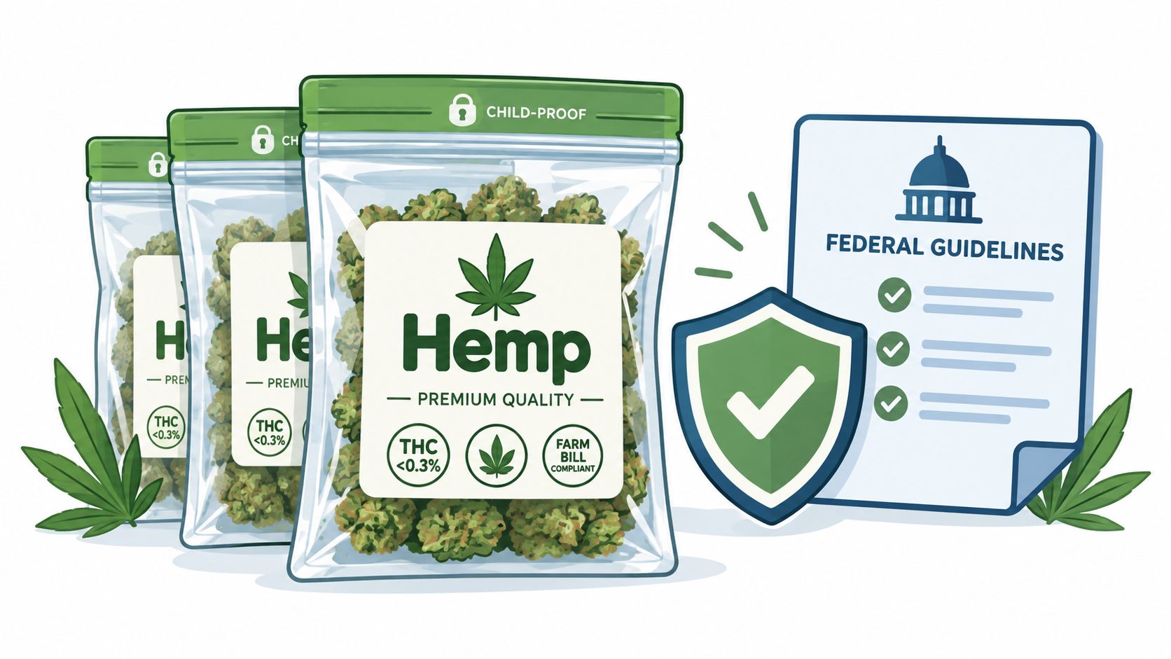 Three clear resealable bags of premium hemp flower displayed next to federal guidelines and a shield icon.