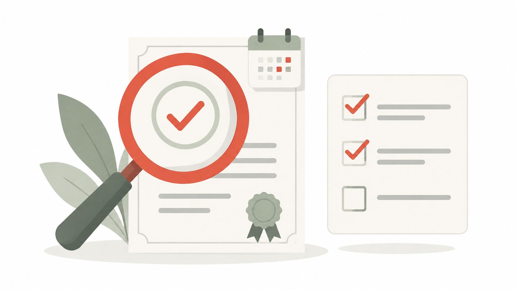 A digital illustration featuring a checklist, a magnifying glass with a checkmark, and a calendar icon.