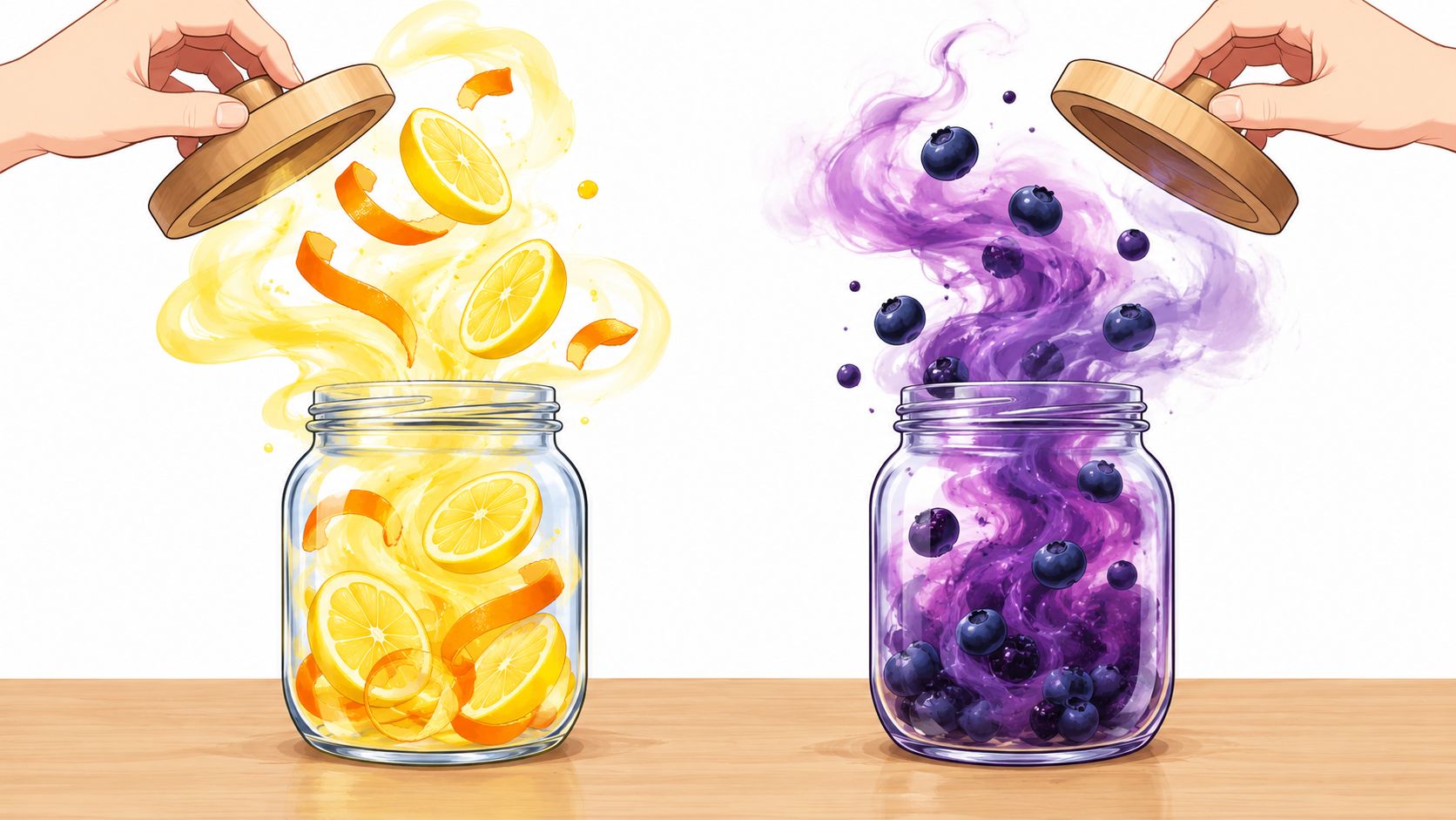 Two glass jars, one filled with swirling lemons and citrus peels and the other with blueberries and vapor.