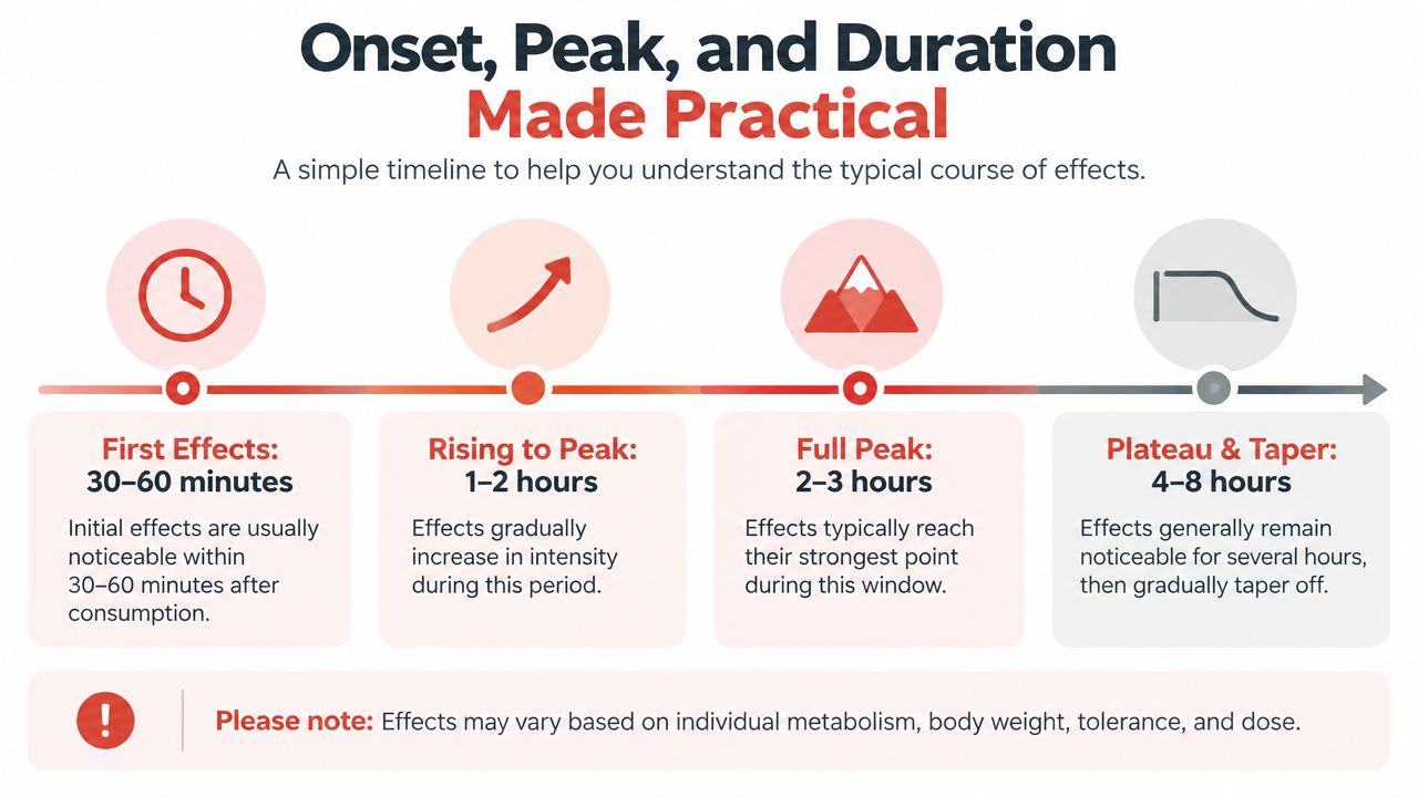 A timeline graphic showing the onset, peak, and duration phases of edible consumption effects from thirty minutes to eight hours.