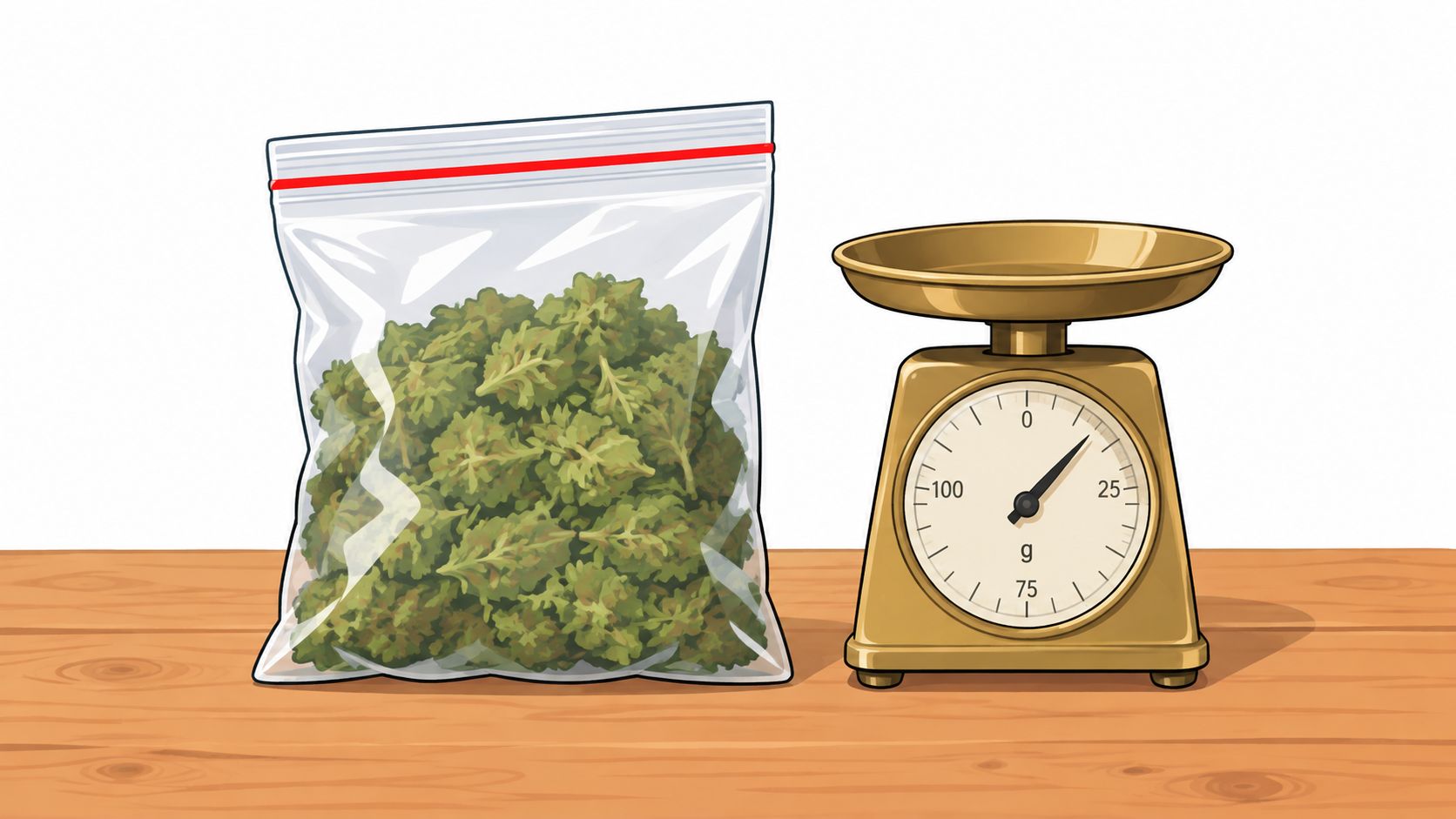 A clear plastic bag filled with green herbs sitting next to an analog kitchen weight scale.