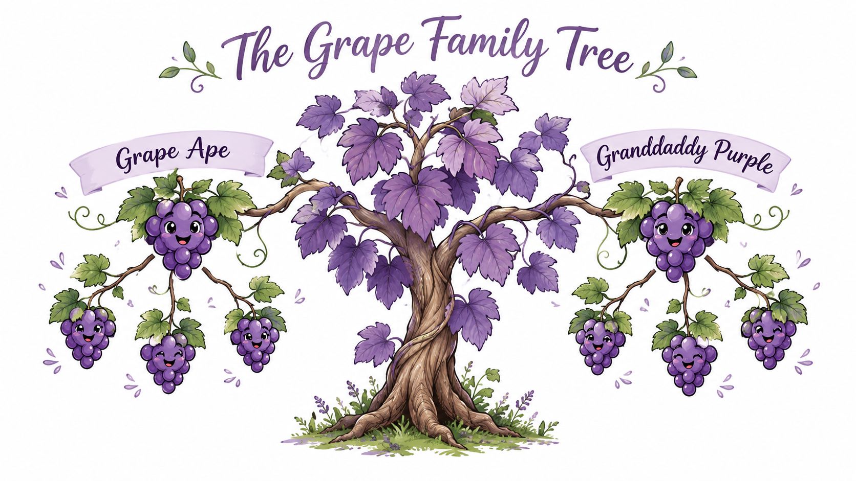 A whimsical illustration showing a grape family tree with Grape Ape and Granddaddy Purple strain labels.